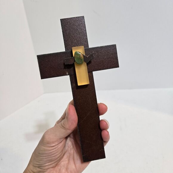 Cross Rustic Metal Turquoise Stone Resin/Glass Southwestern Religious 7.5" Wall - Picture 3 of 8